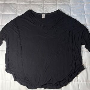 Free People We The Free V-Neck Black Ribbed Raw Hemmed Top